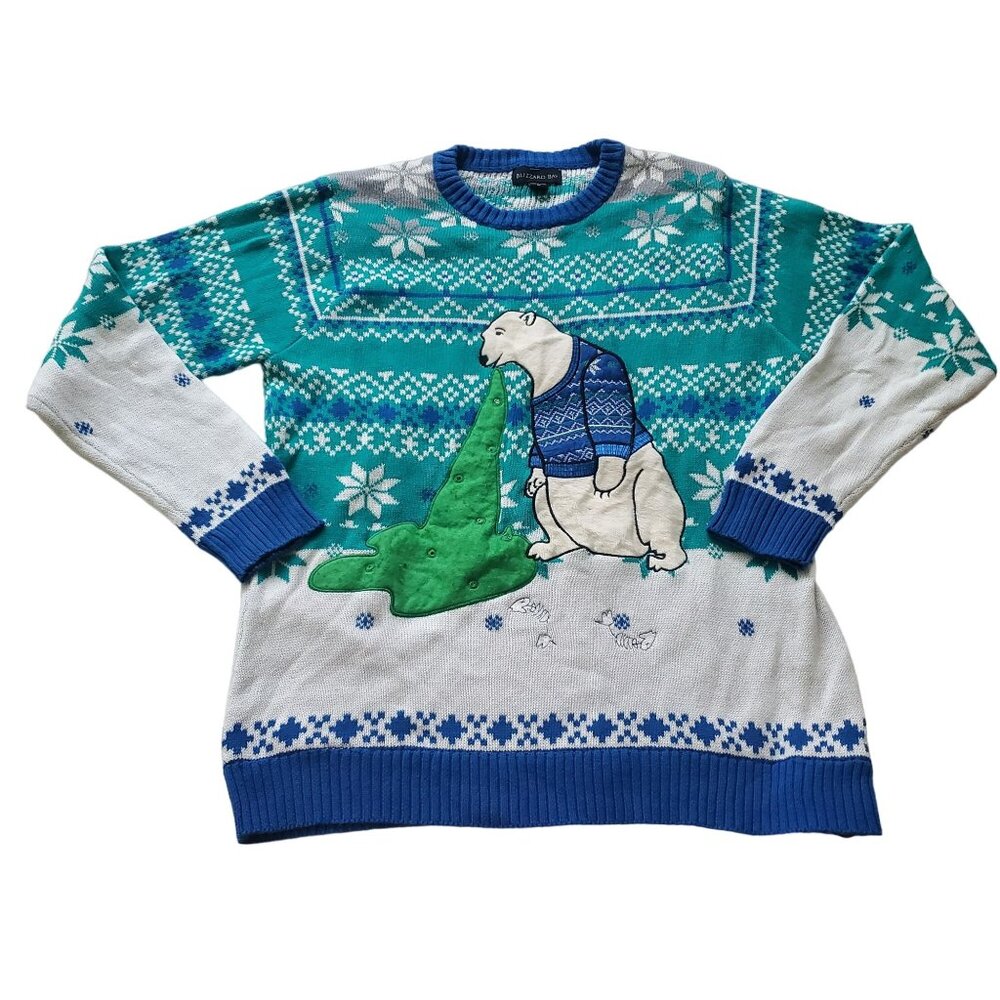 Blizzard Bay unisex Christmas‎ Sweater crew neck polar bear medium Blue light up